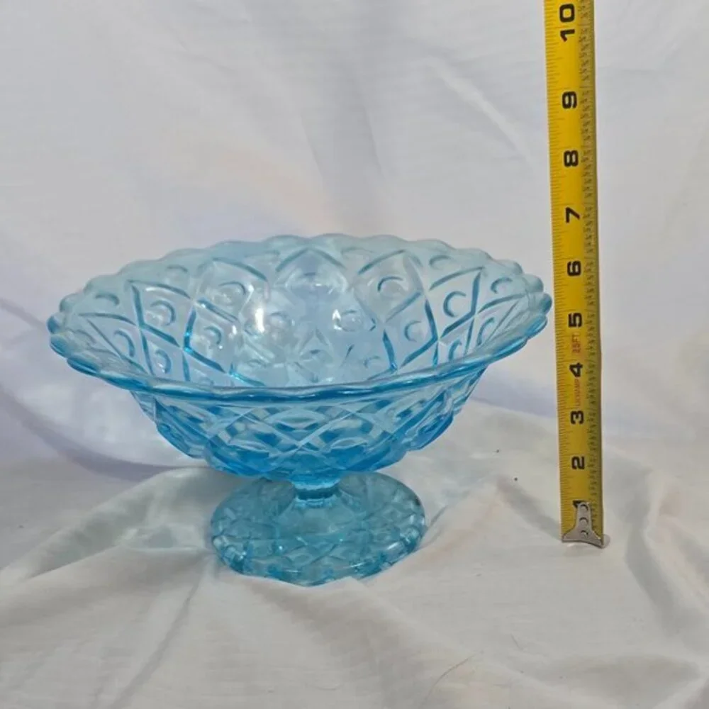 Pedestal Bowl Aqua Blue Glass Diamond Dot 9.5in Excellent Vintage‎ MCM